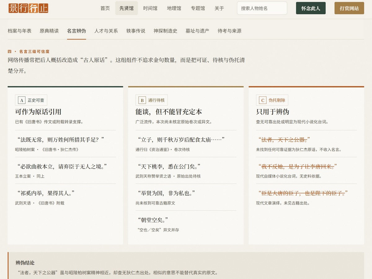 狄仁杰名言辨伪页面：名言按正史可查、通行待核、伪托剔除三档分列
