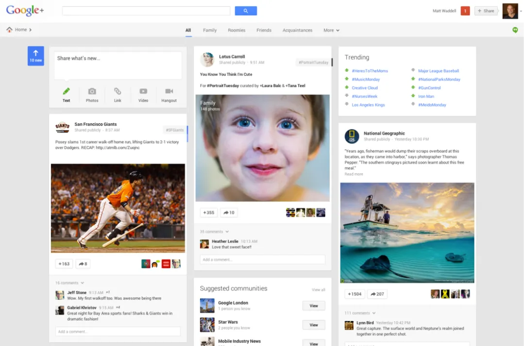 Google+ 信息流截图：左侧蓝色 13 new 提示与发布框，中间两条帖子分别有 +355 和 +1504 的转发数，右侧 Trending 话题列表