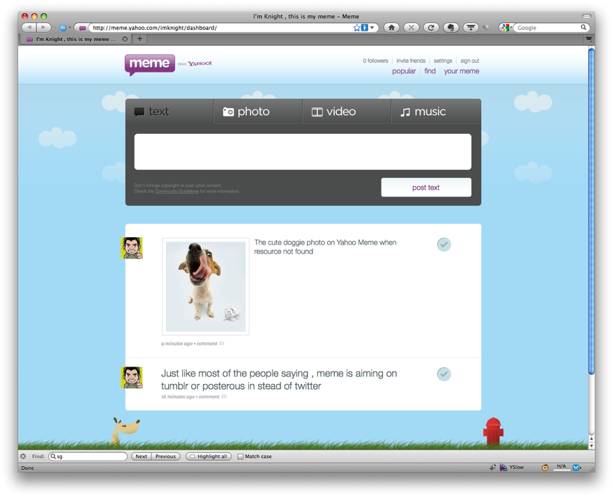 Yahoo Meme 个人主页截图：右上角显示 0 followers，发布框上方是 text/photo/video/music 四个标签，下面两条帖子，页面底部画着一只狗和一个红色消防栓