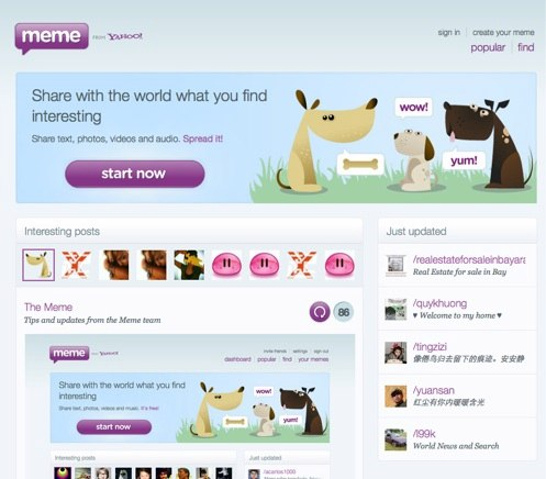 Yahoo Meme 首页截图：浅蓝天空下的草坪与两只卡通狗，紫色 start now 按钮，左侧 Interesting posts，右侧 Just updated 用户列表