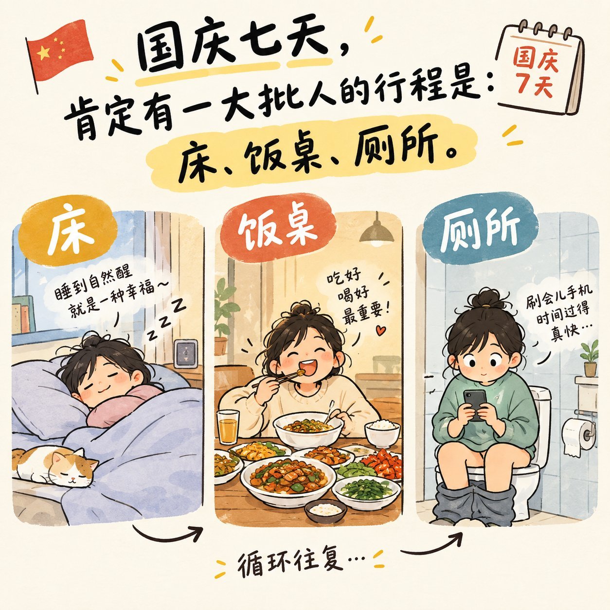 国庆七天行程图：床、饭桌、厕所三格漫画，底部箭头标注循环往复