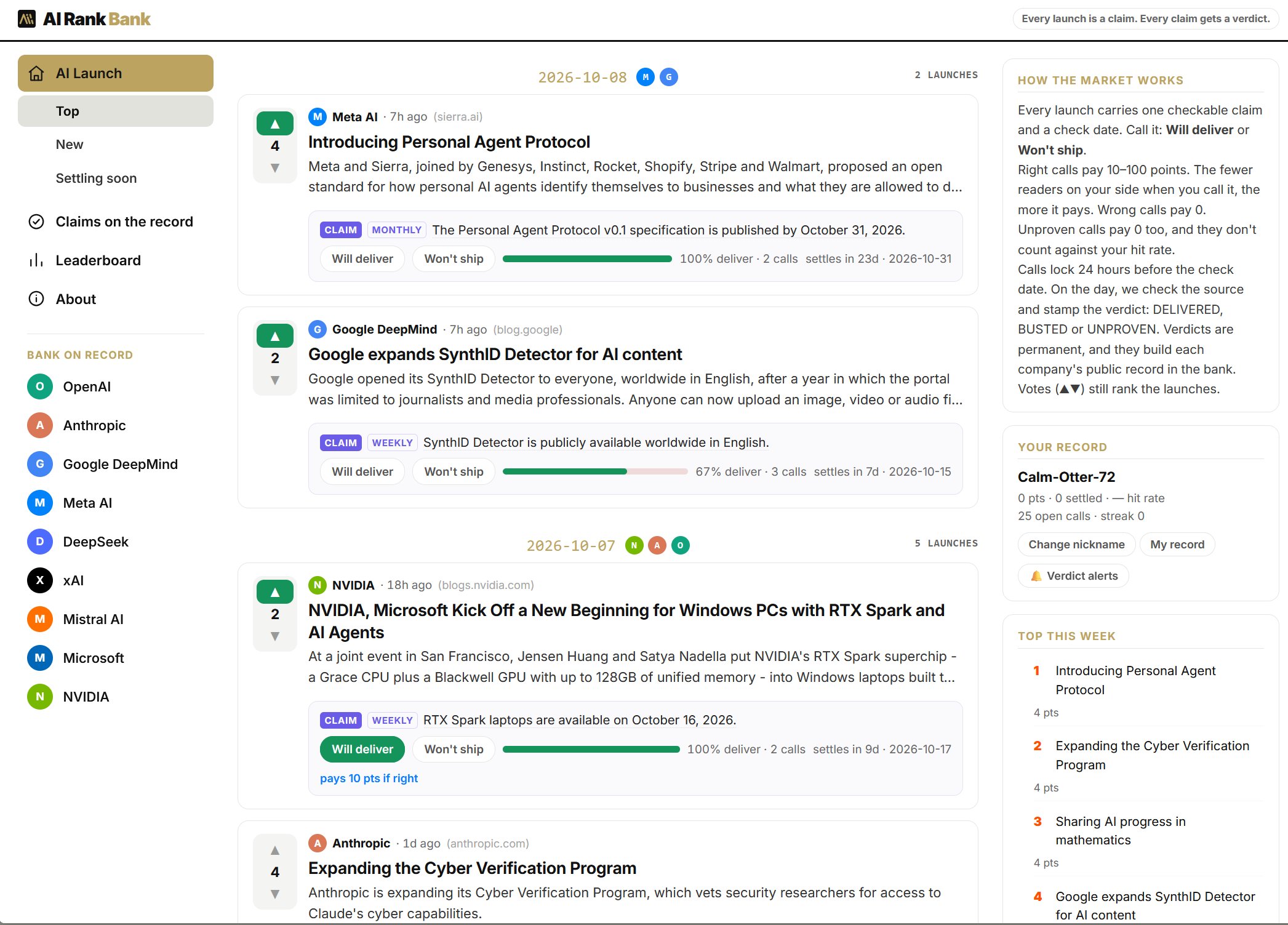 AI Rank Bank 首页：左侧是各公司的履约记录页入口，中间是按日期排列的 claim 列表，右侧是玩法说明和本周排行