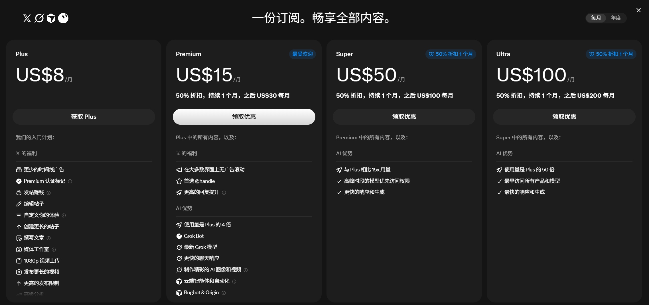 月付订阅价格页：Plus 每月 US$8，Premium US$15、Super US$50、Ultra US$100，后三档标注 50% 折扣持续 1 个月，之后分别是 US$30、US$100、US$200 每月